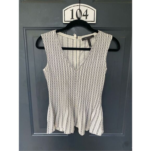 BCBGMAXAZRIA "Haily" Blouse Peplum Stripe Geometric, Black / Ivory, Size XS - Picture 3 of 13